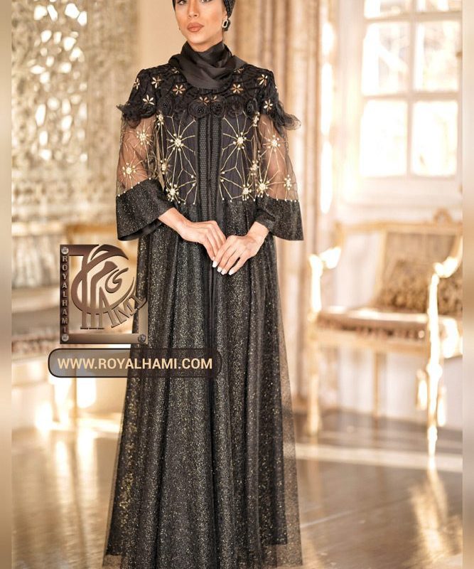 Black Abaya with Gold Embroidered Pearl net