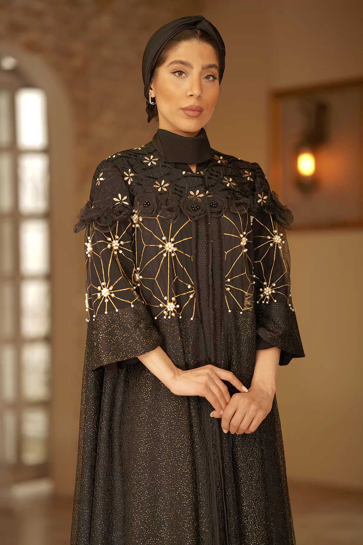 Black Abaya with Gold Embroidered Pearl net - Image 5