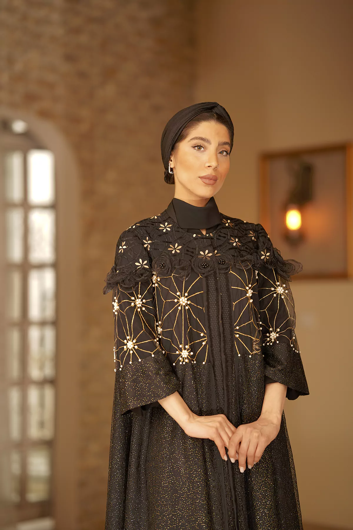 Black Abaya with Gold Embroidered Pearl net - Image 4