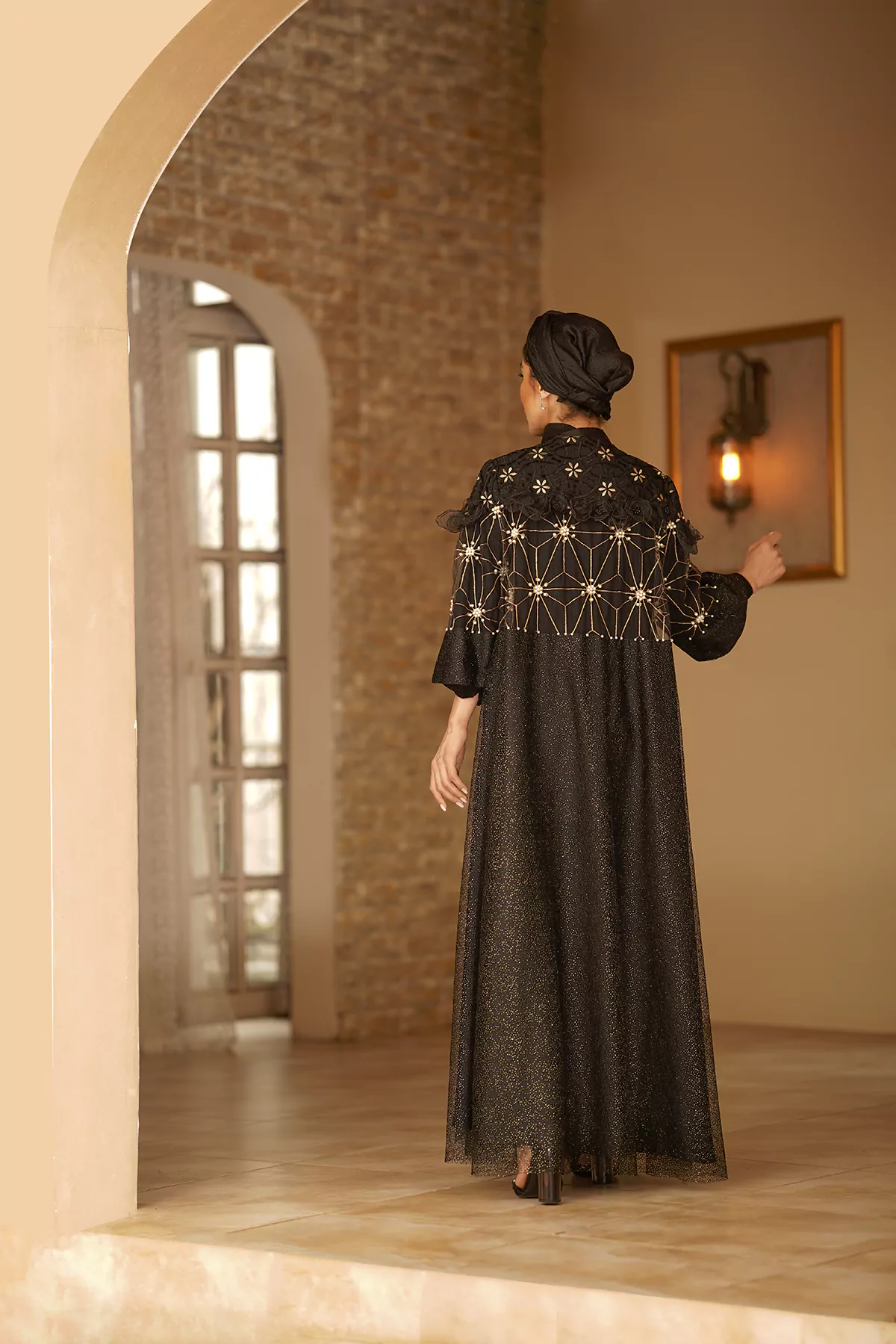 Black Abaya with Gold Embroidered Pearl net - Image 3