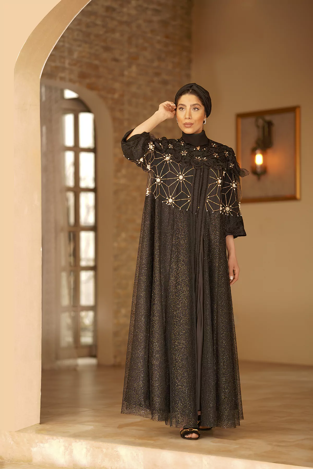 Black Abaya with Gold Embroidered Pearl net - Image 2