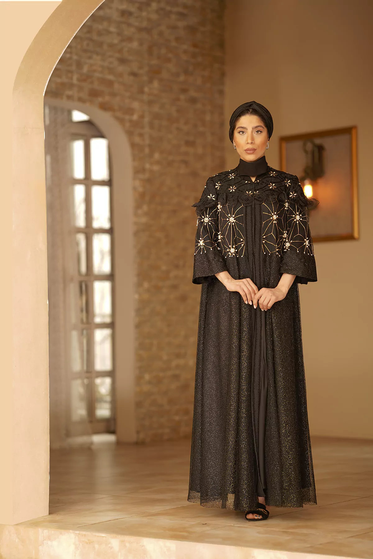 Black Abaya with Gold Embroidered Pearl net
