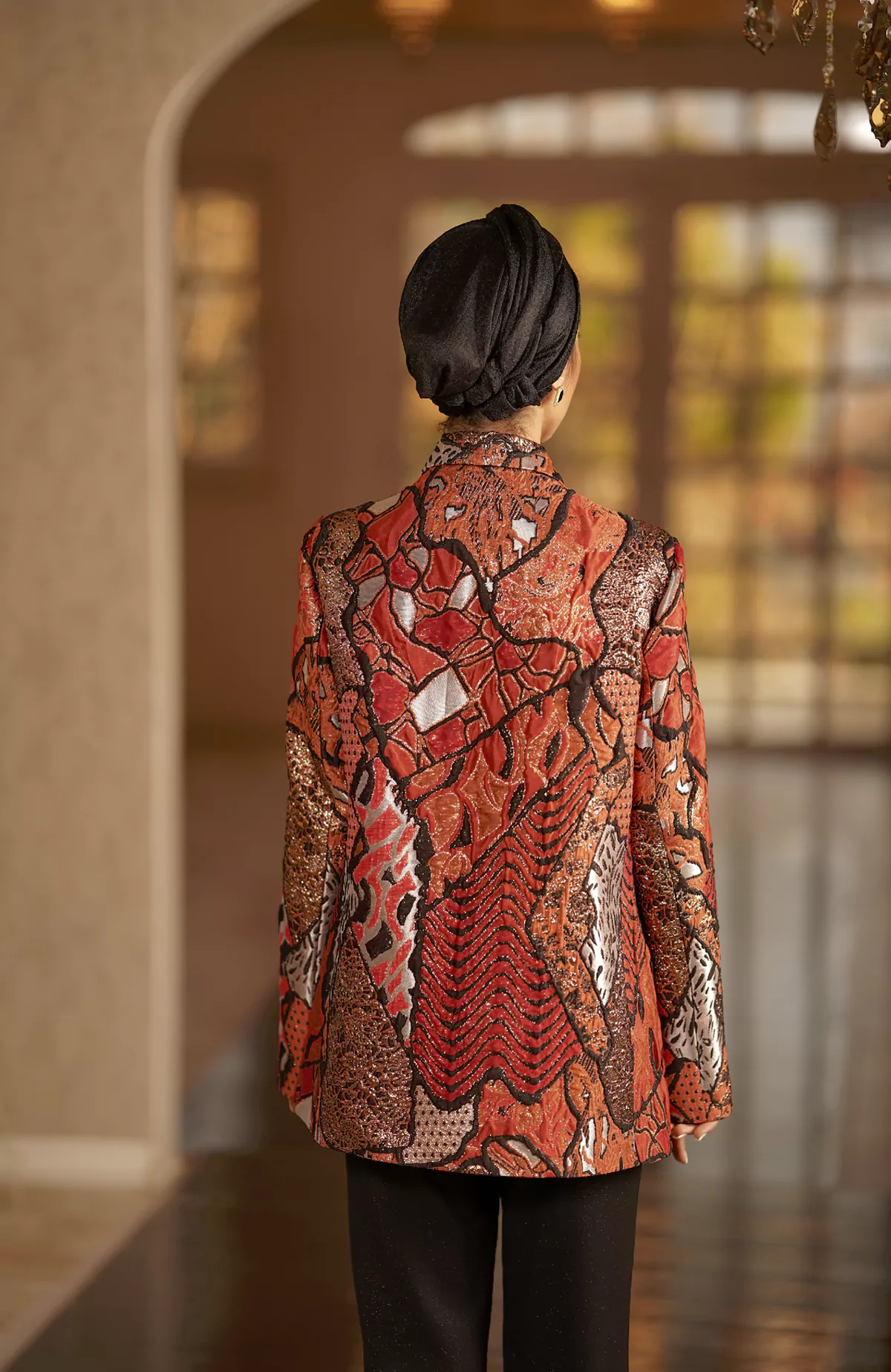 Jacquard Coat with Orange Pattern - Image 2