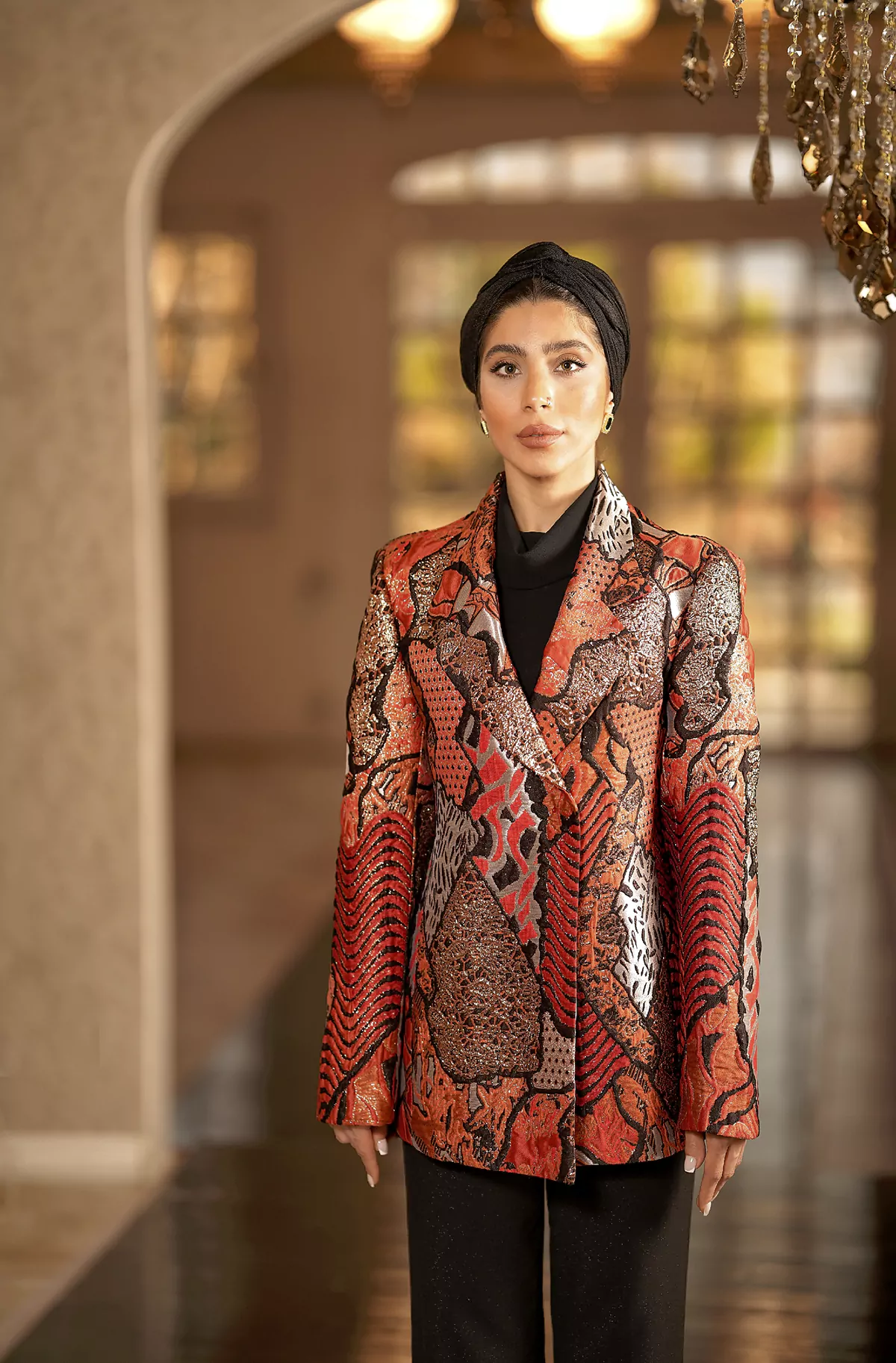 Jacquard Coat with Orange Pattern