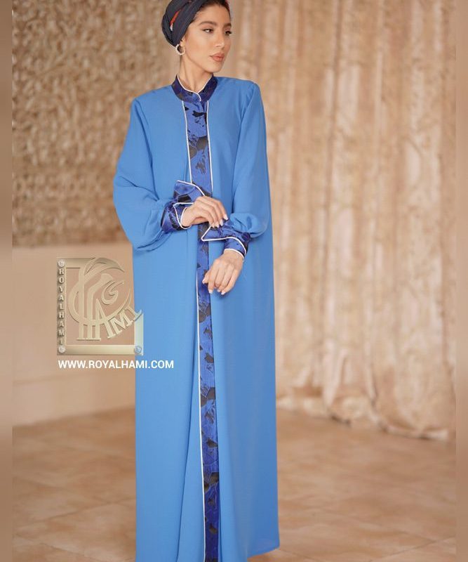 Blue Abaya with patterned hem and bishop sleeves