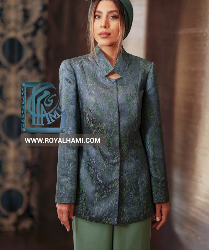 Blue Green Jacquard Suit Set with Snakeskin Design