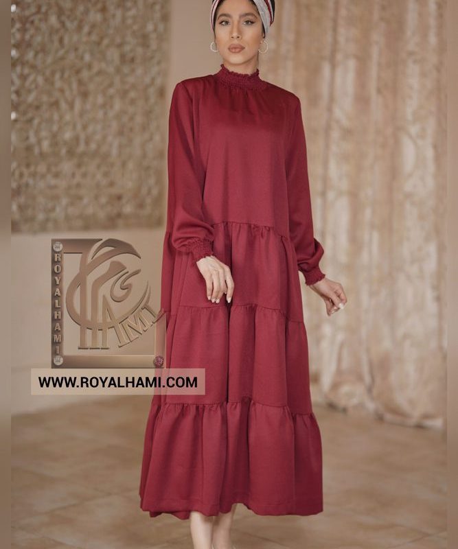 Crimson kaftan with layer-layer pleated skirt with bishop sleeve
