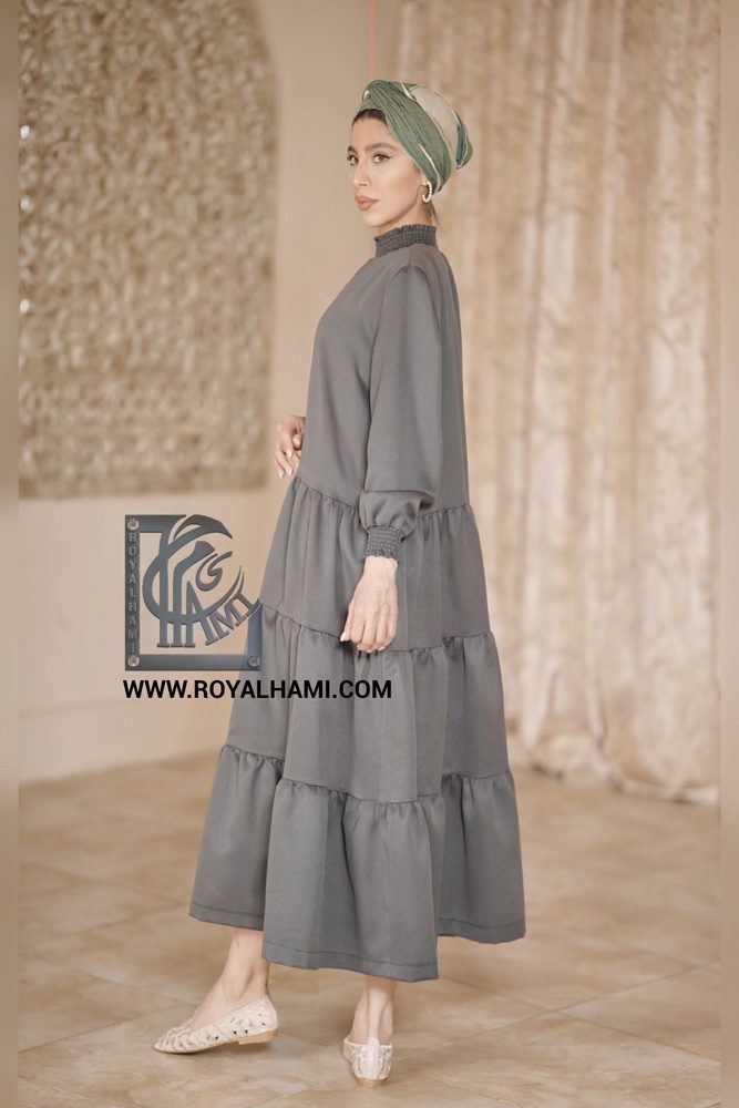 Gray kaftan with layer-layer pleated skirt with bishop sleeve - Image 3