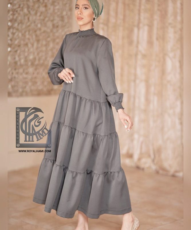 Gray kaftan with layer-layer pleated skirt with bishop sleeve