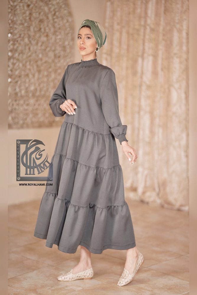 Gray kaftan with layer-layer pleated skirt with bishop sleeve