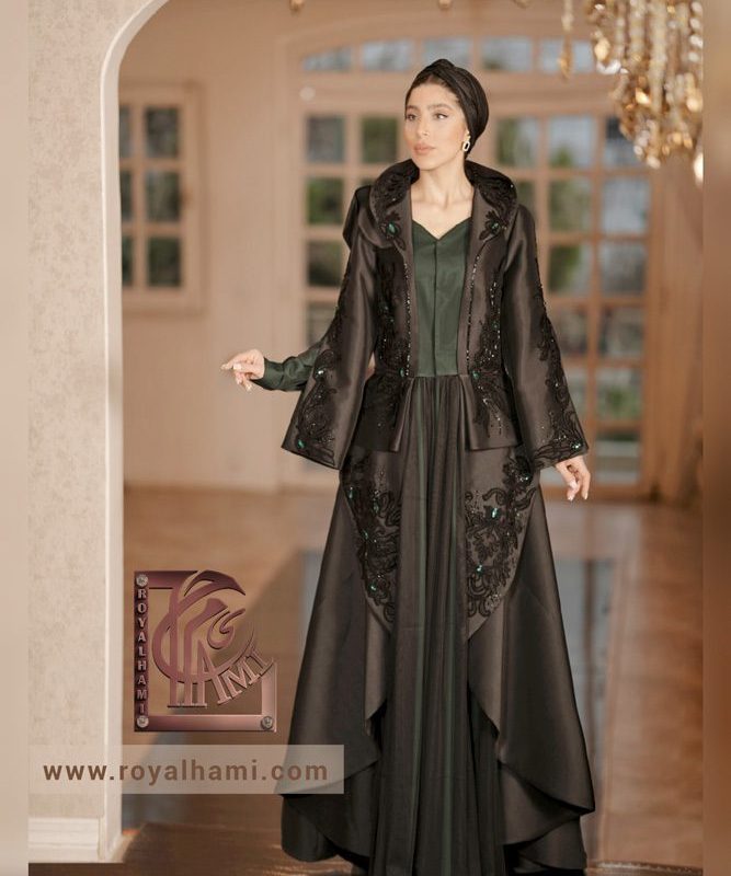 Green & Black Abaya with two Sleeves Embroidered with Flowers