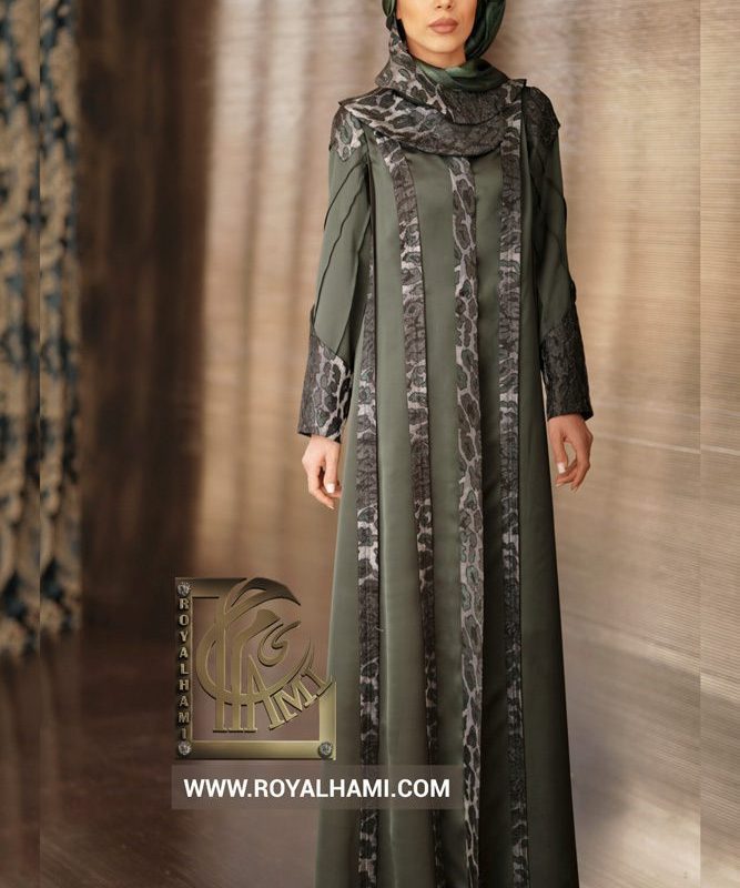 Green Satin Abaya with Leopard Jacquard Embroidery Border