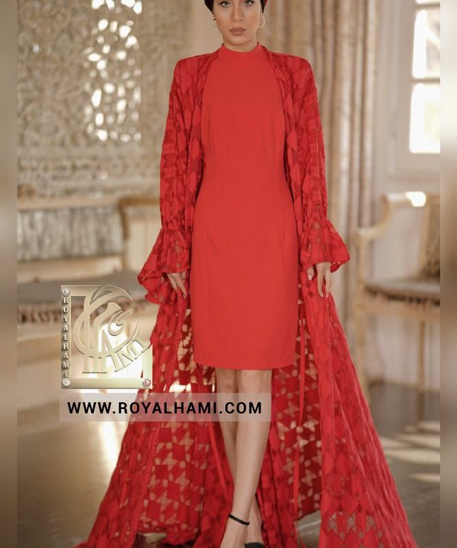 Guipure Abaya & Red midi Dress