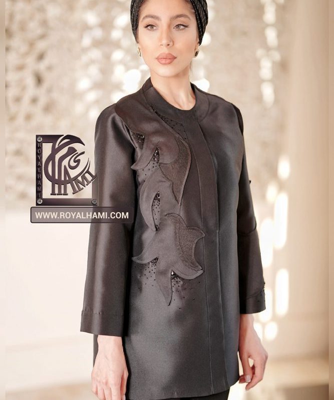 Long Black Satin Coat with Embroidered Appliqué