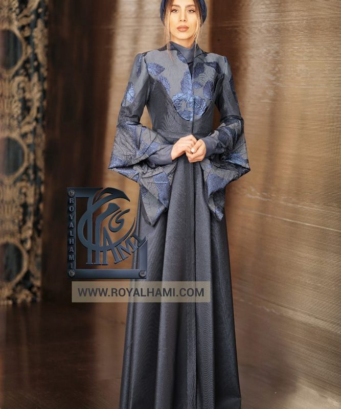 Navy Blue Abaya Satin Matte and Jacquard Flower Design