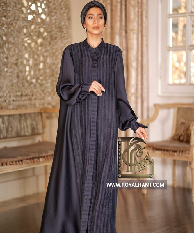 Navy Blue Silk Long Abaya with Stripe Design
