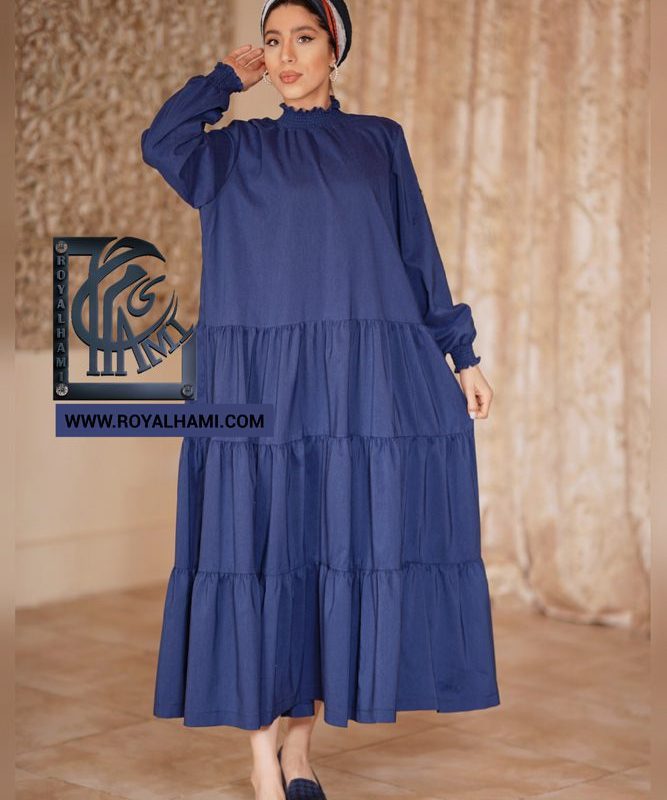 Navy blue kaftan with layer-layer pleated skirt with bishop sleeve