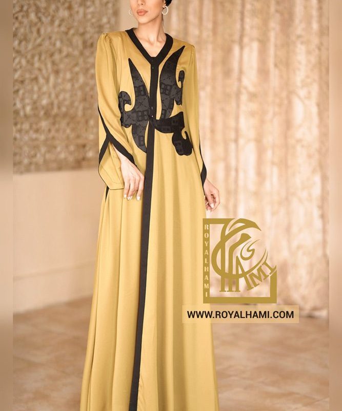 Ocher Long Abaya with Black Appliqués
