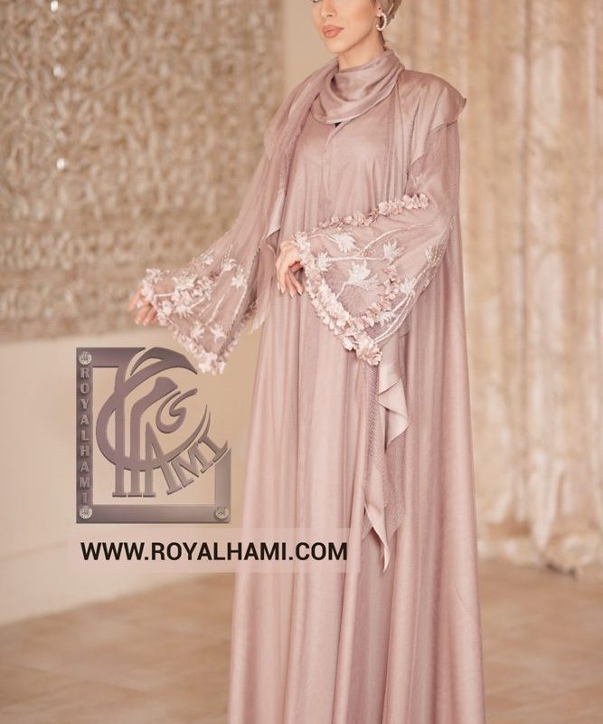 Pink Abaya with Embroidered Flowers & Tapestry