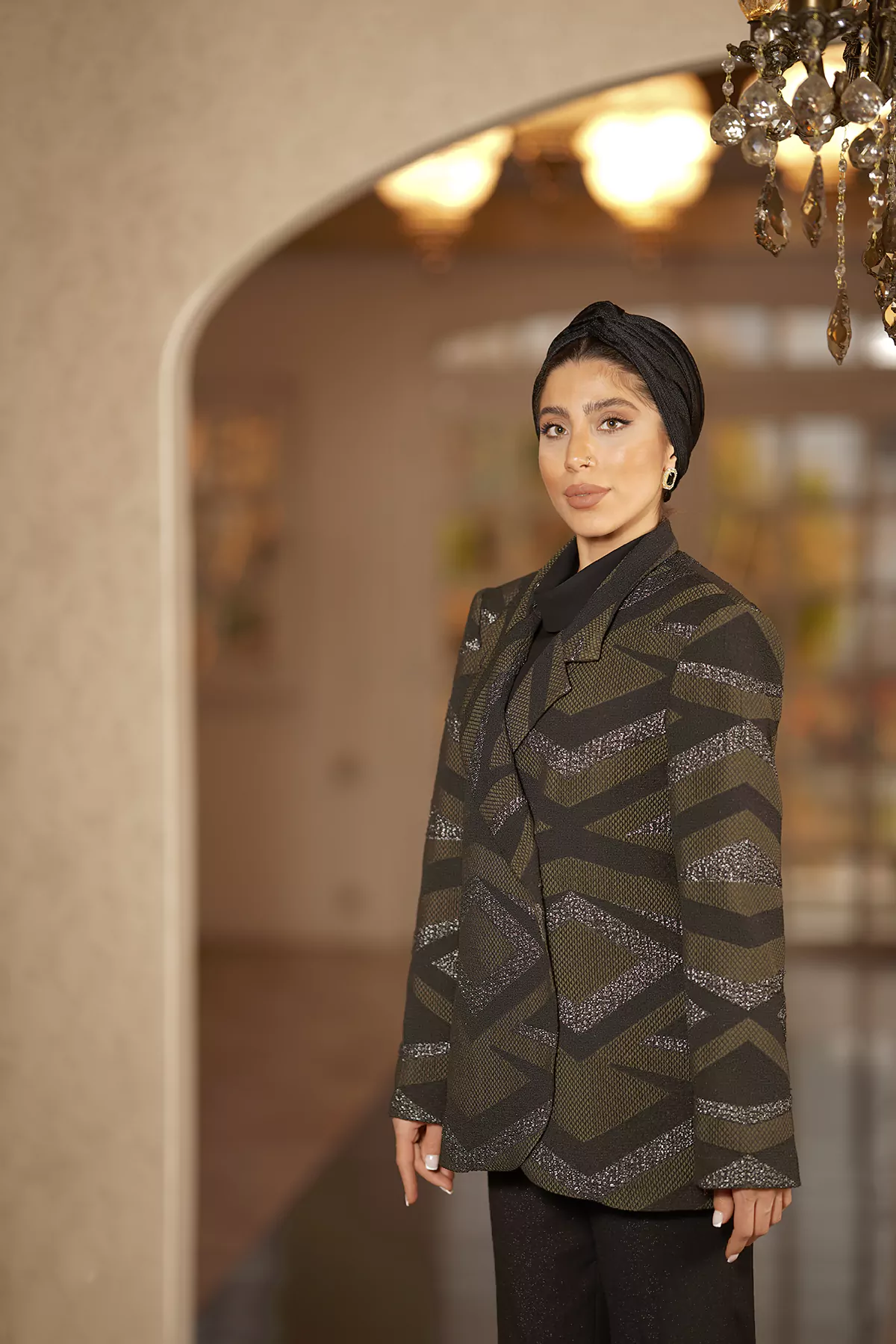 Jacquard Coat with Black & Jungle Green Pattern