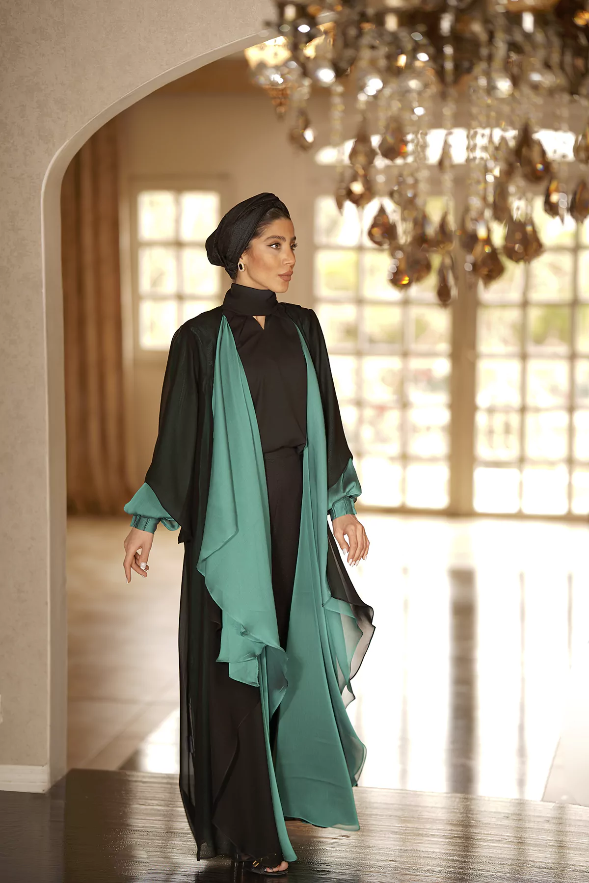 Green & Black Abaya with Melange silk fabric - Image 2