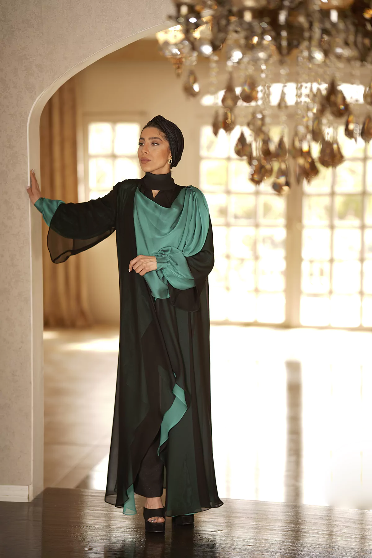Green & Black Abaya with Melange silk fabric - Image 5