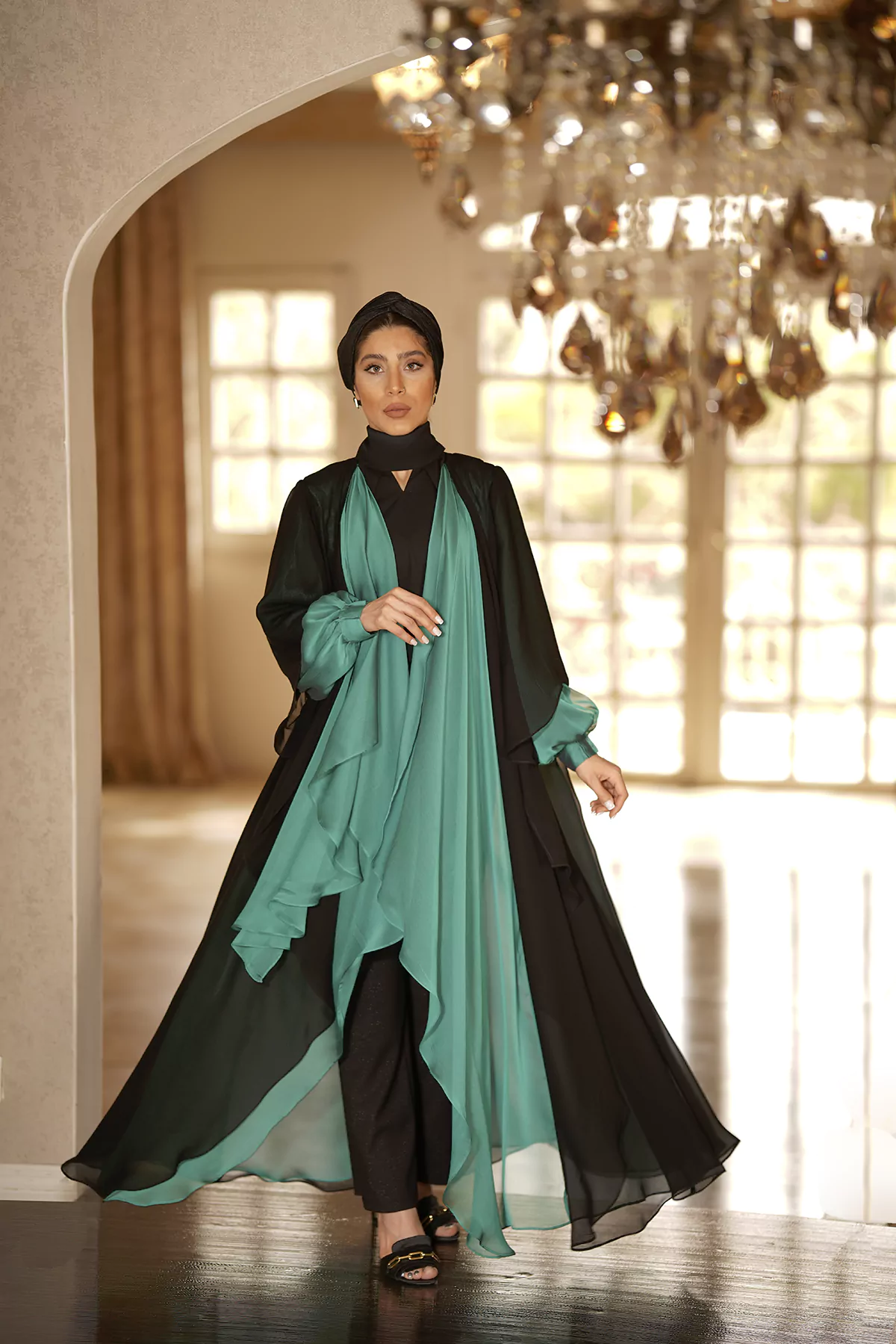 Green & Black Abaya with Melange silk fabric