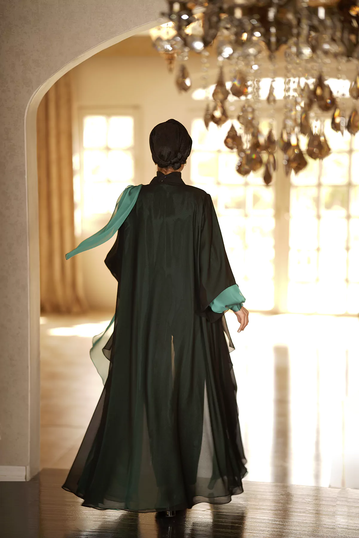 Green & Black Abaya with Melange silk fabric - Image 3