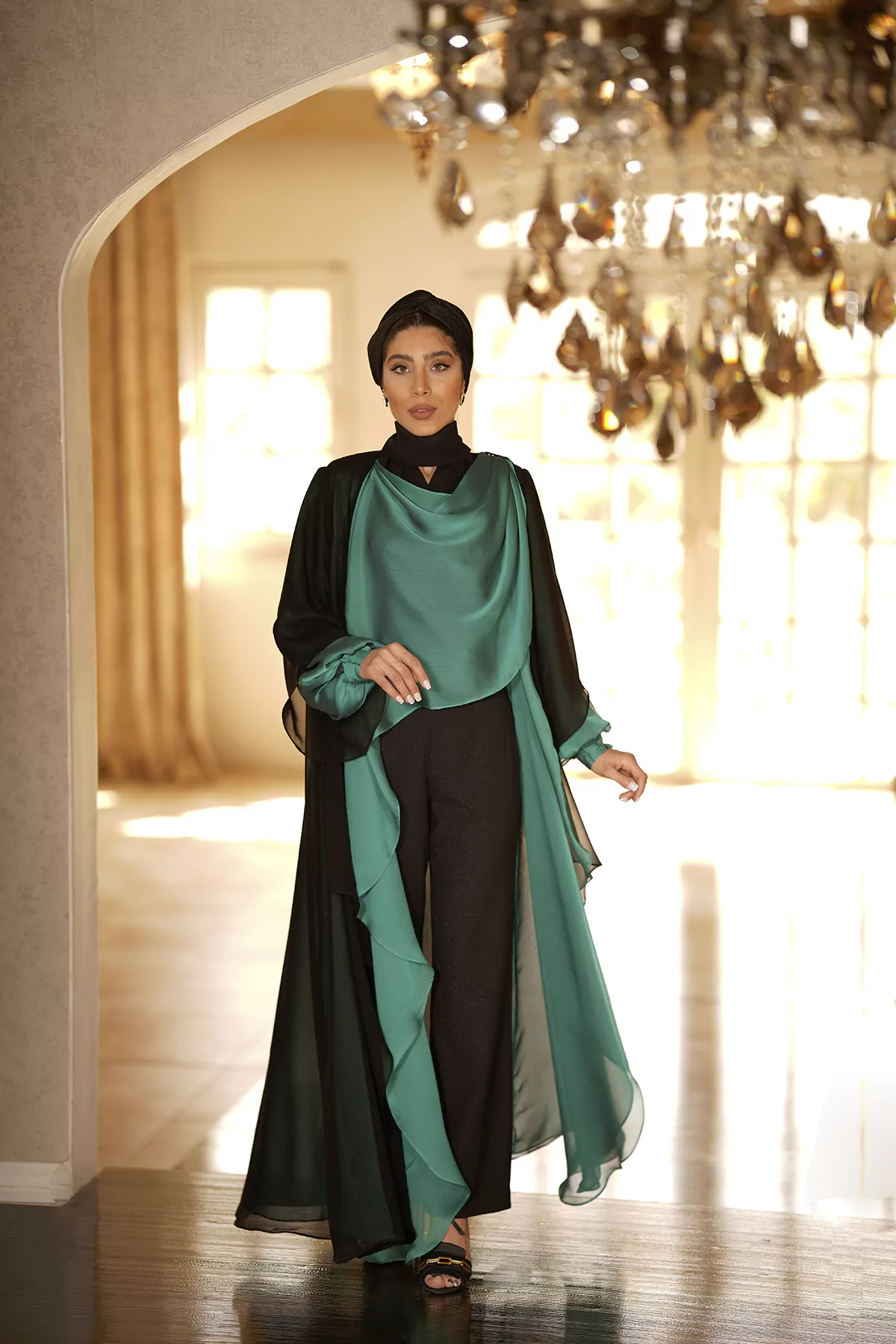 Green & Black Abaya with Melange silk fabric - Image 4