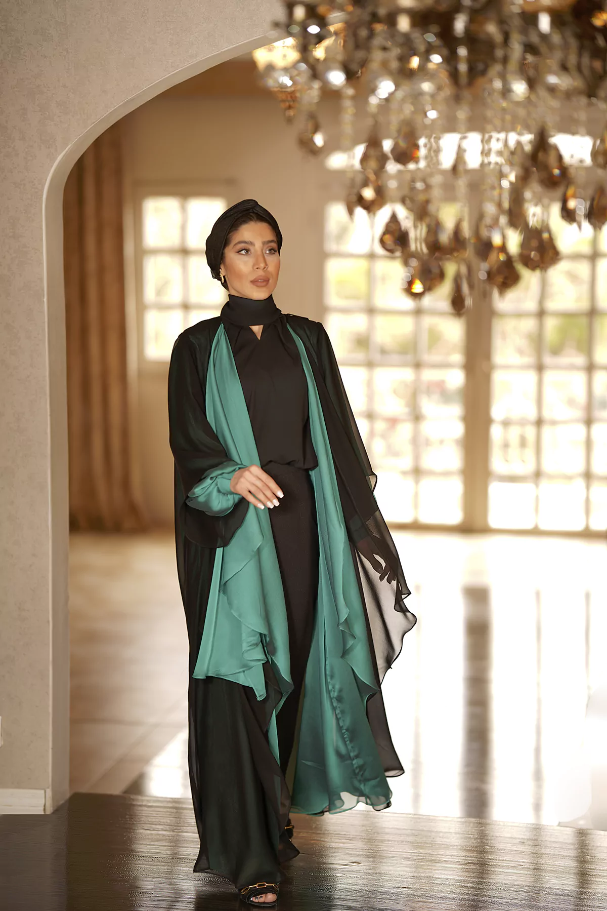 Green & Black Abaya with Melange silk fabric - Image 9