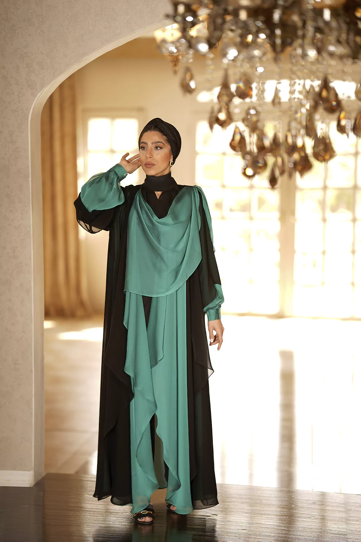 Green & Black Abaya with Melange silk fabric - Image 7