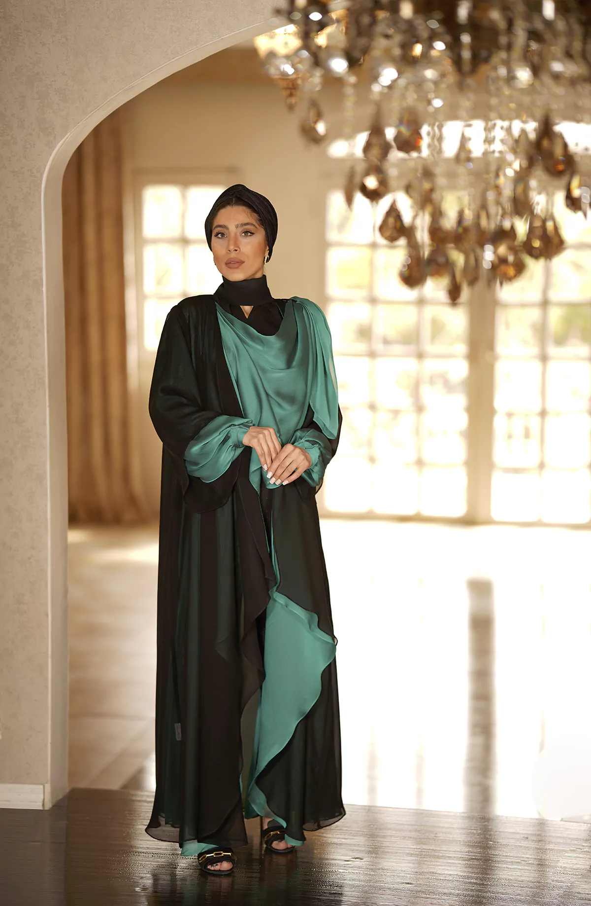 Green & Black Abaya with Melange silk fabric - Image 6