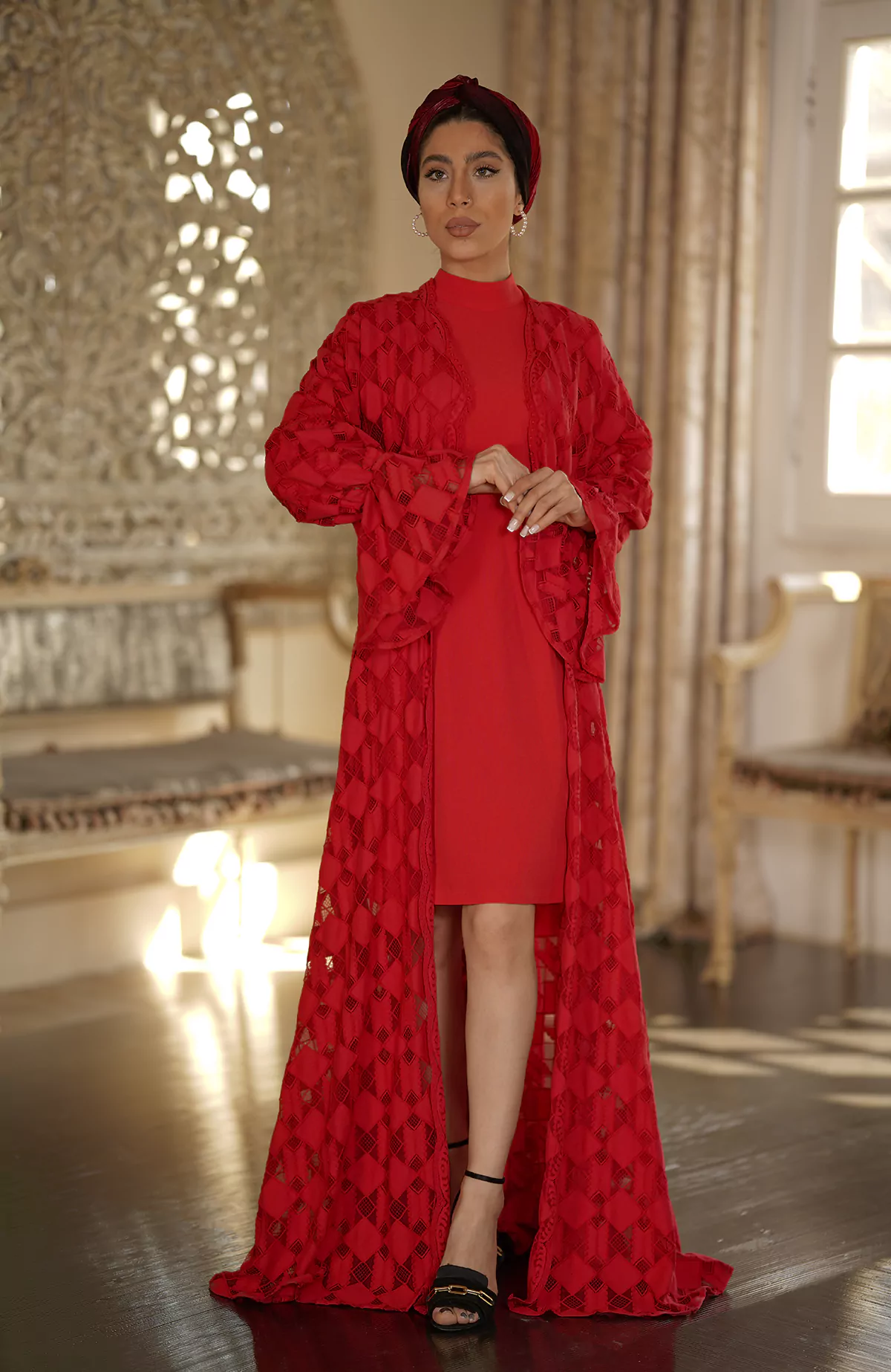 Guipure Abaya & Red midi Dress