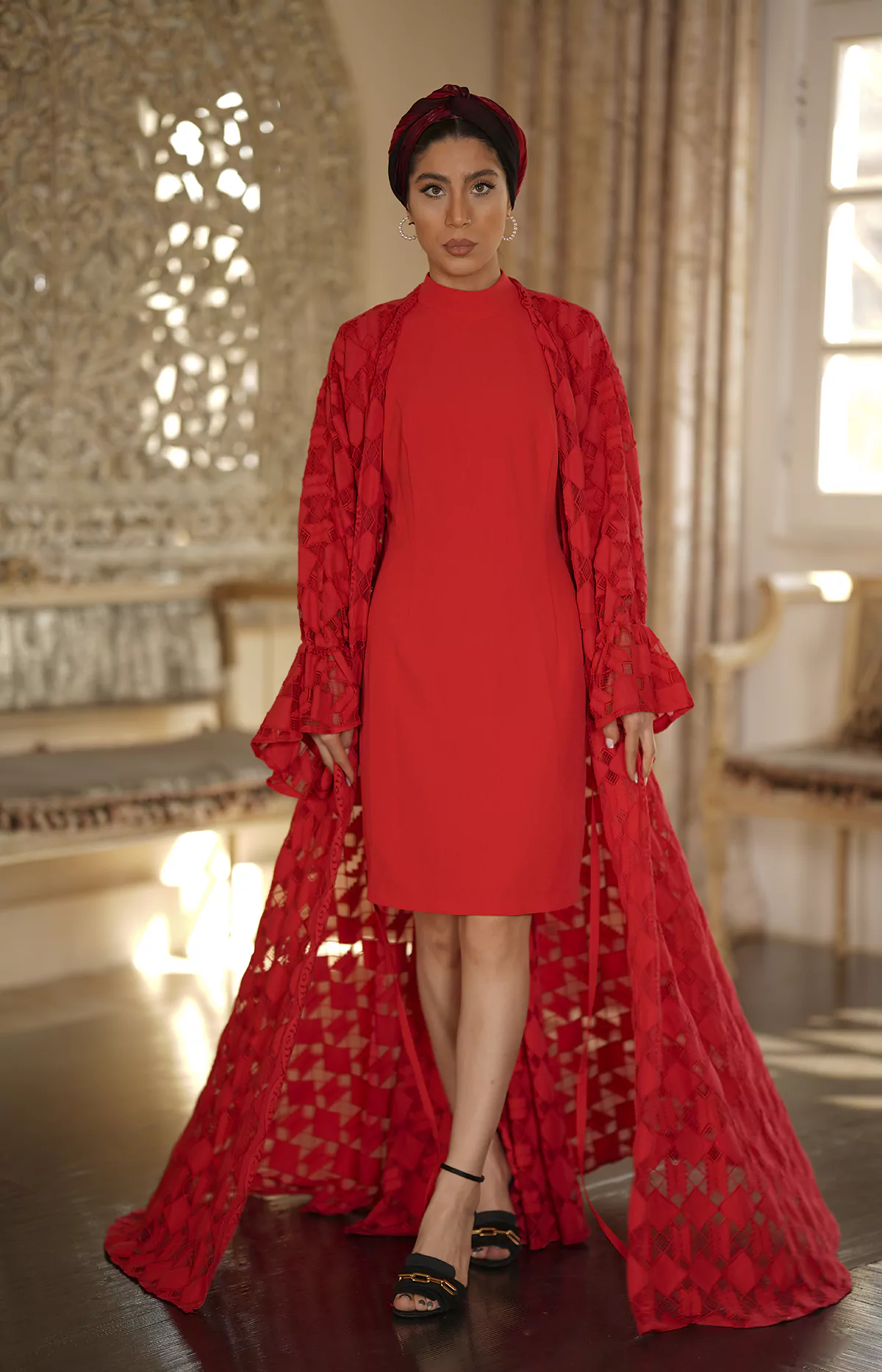 Guipure Abaya & Red midi Dress - Image 3
