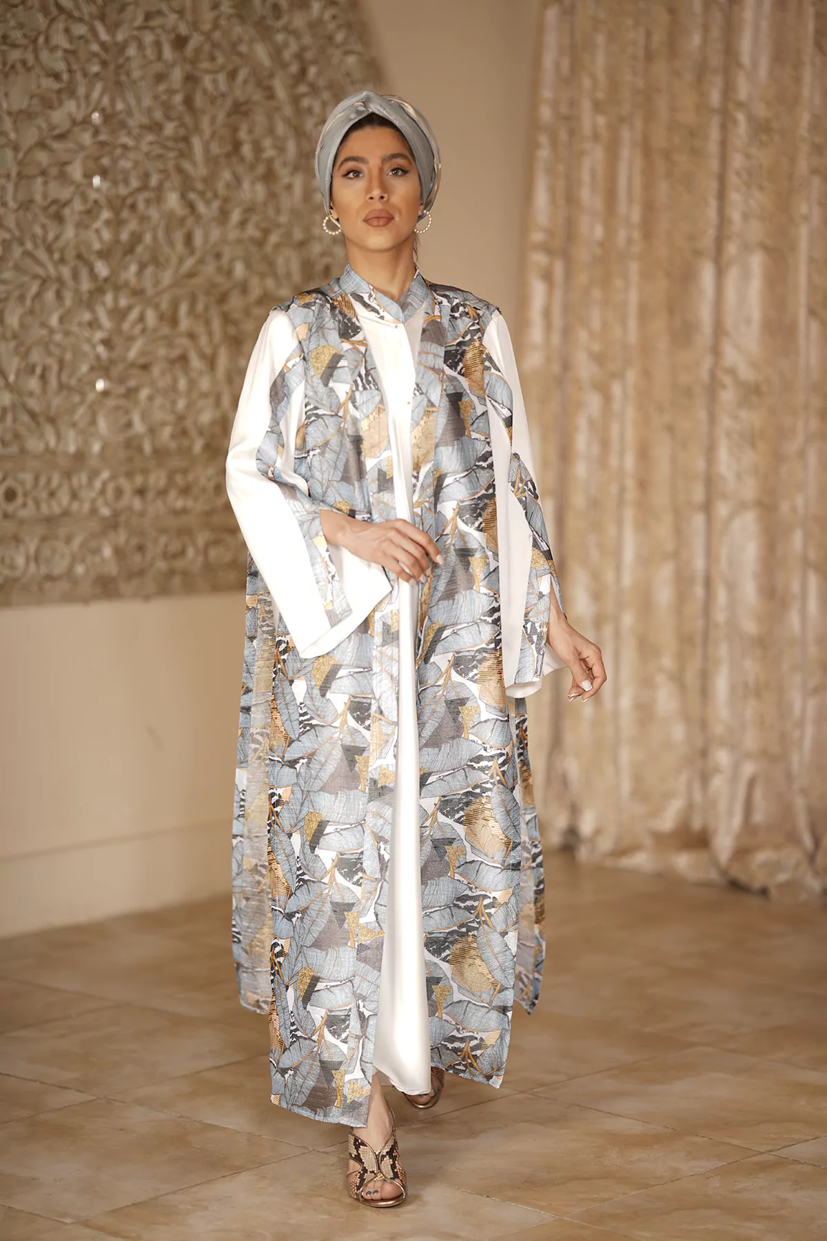Long White Satin Abaya with Chiffon patterned Robe