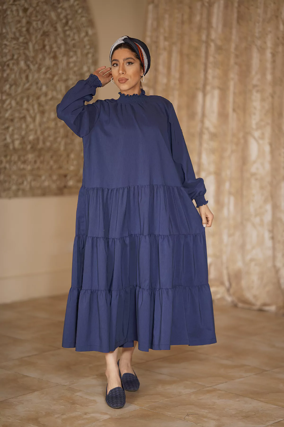 Navy blue kaftan with layer-layer pleated skirt with bishop sleeve