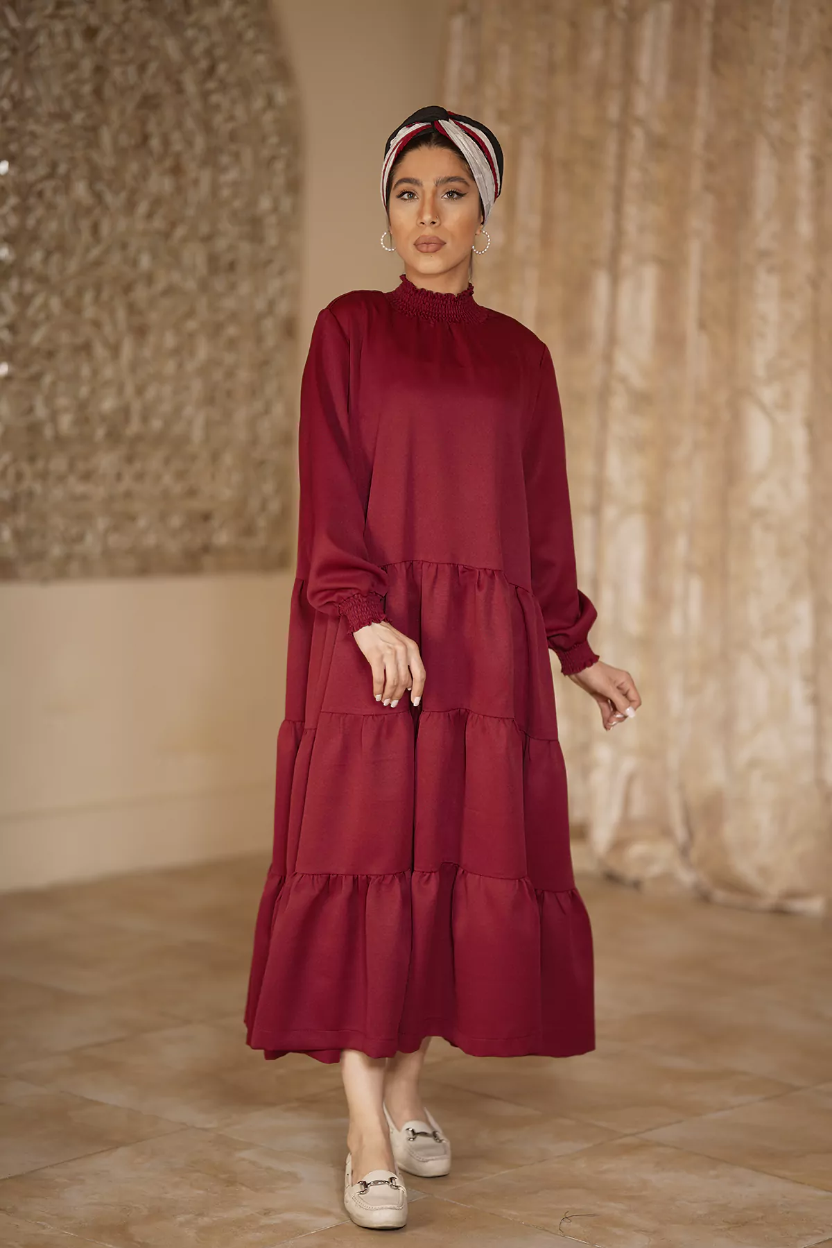 Crimson kaftan with layer-layer pleated skirt with bishop sleeve