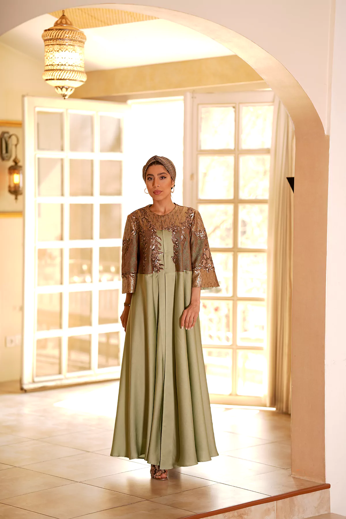 Abaya of Satin and Golden Jacquard Embroidered with Sequins
