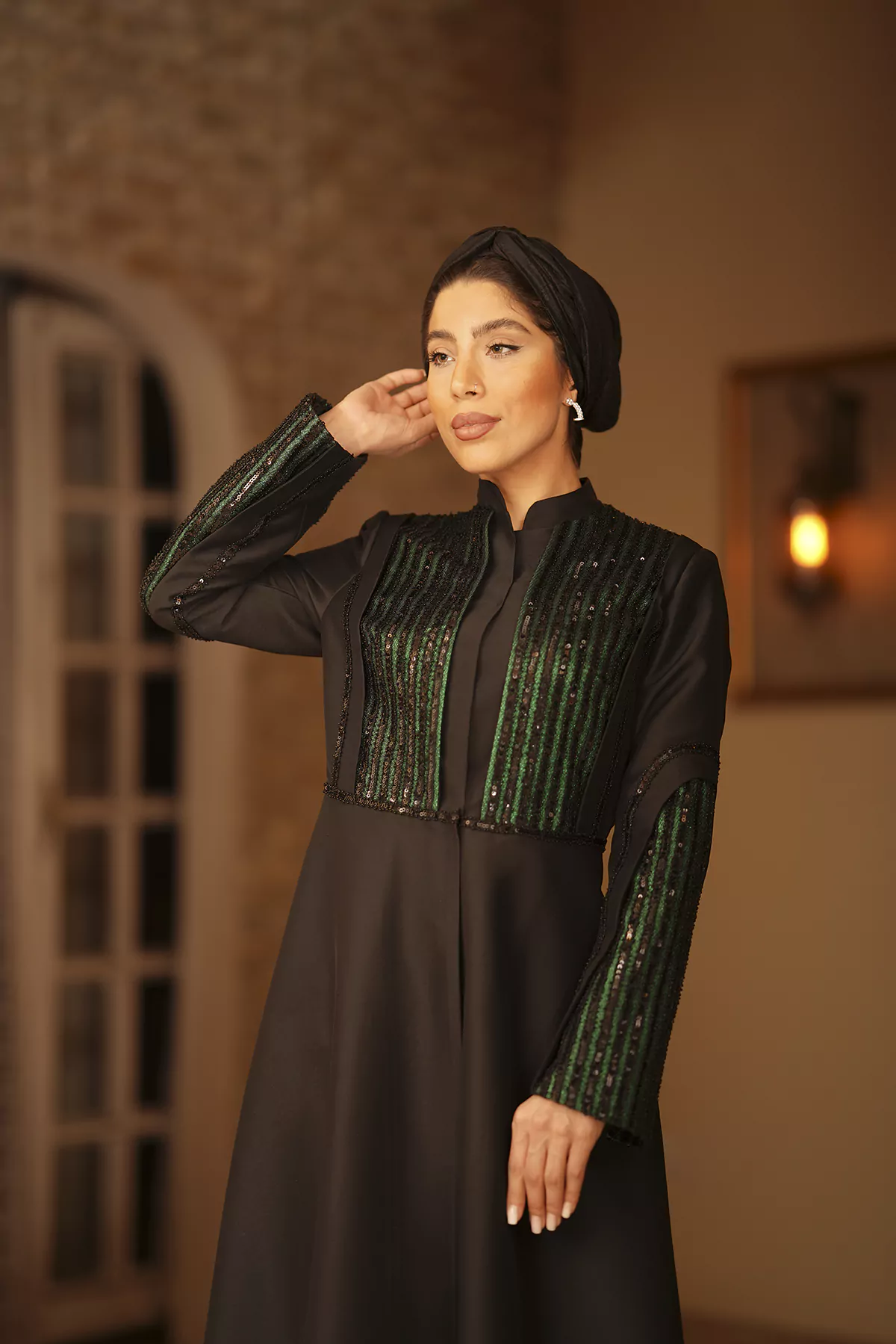 Black & Green Abaya with Sequined Fabric - Image 4