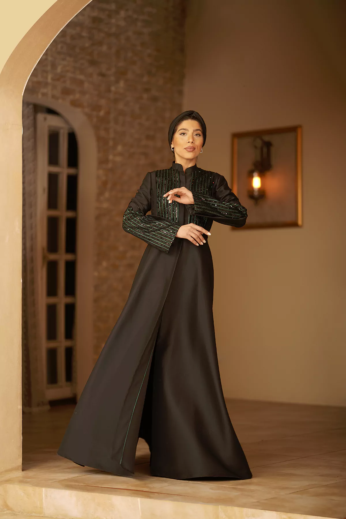 Black & Green Abaya with Sequined Fabric - Image 3