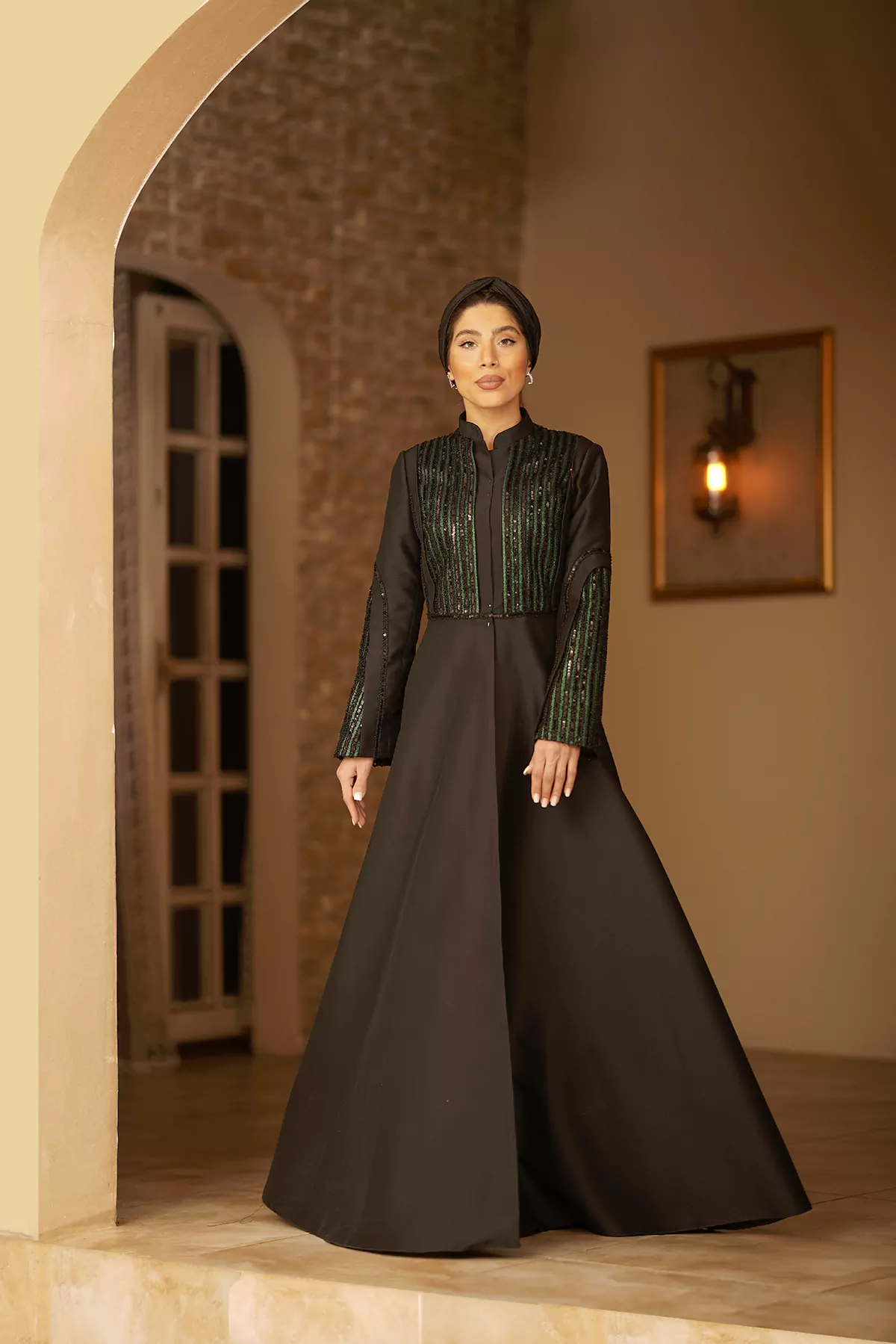 Black & Green Abaya with Sequined Fabric