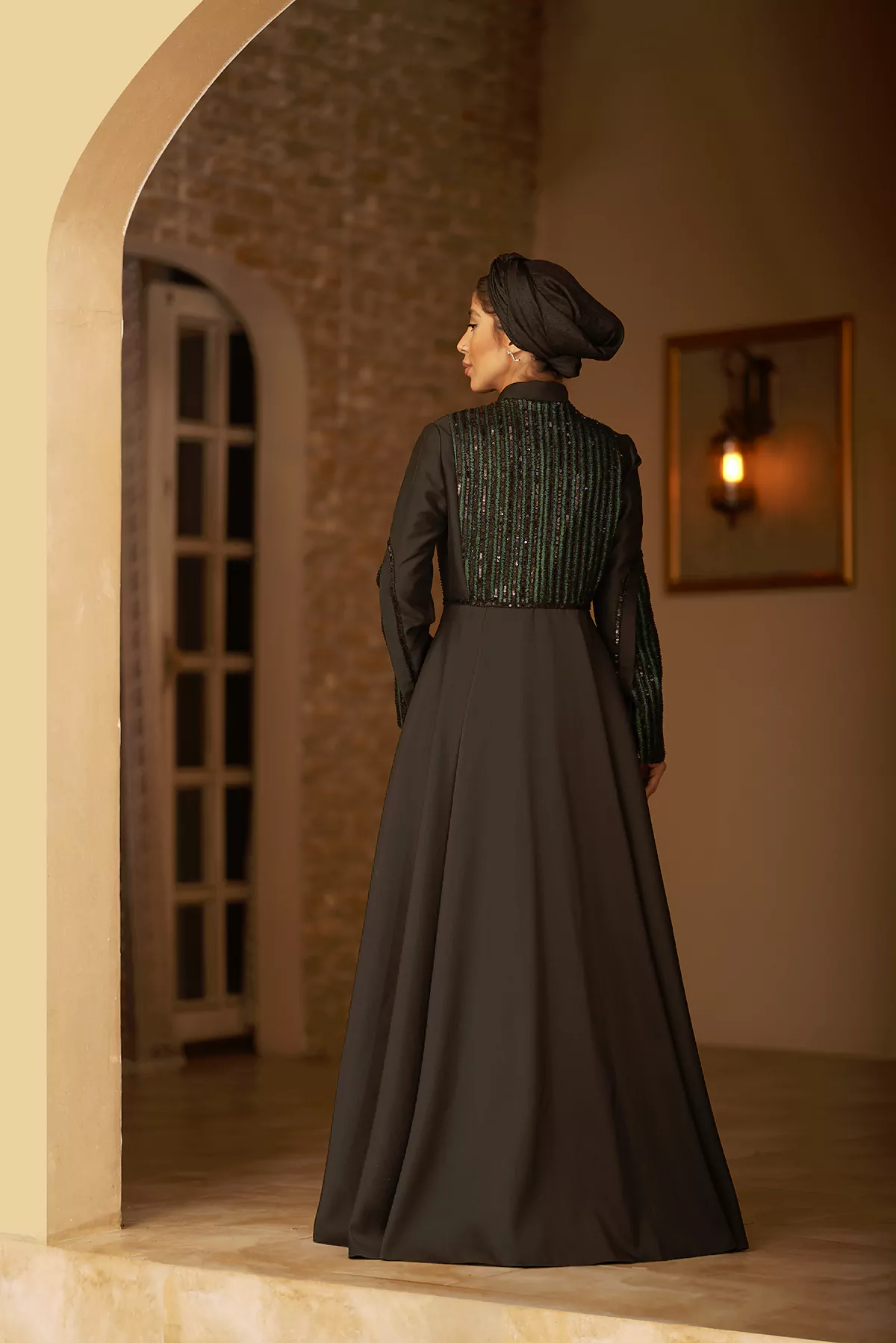 Black & Green Abaya with Sequined Fabric - Image 2