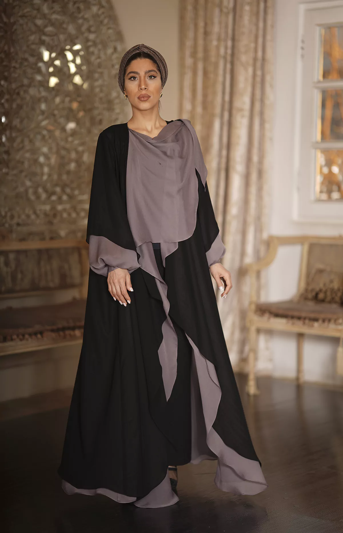 Pink & Black Abaya with Melange silk fabric