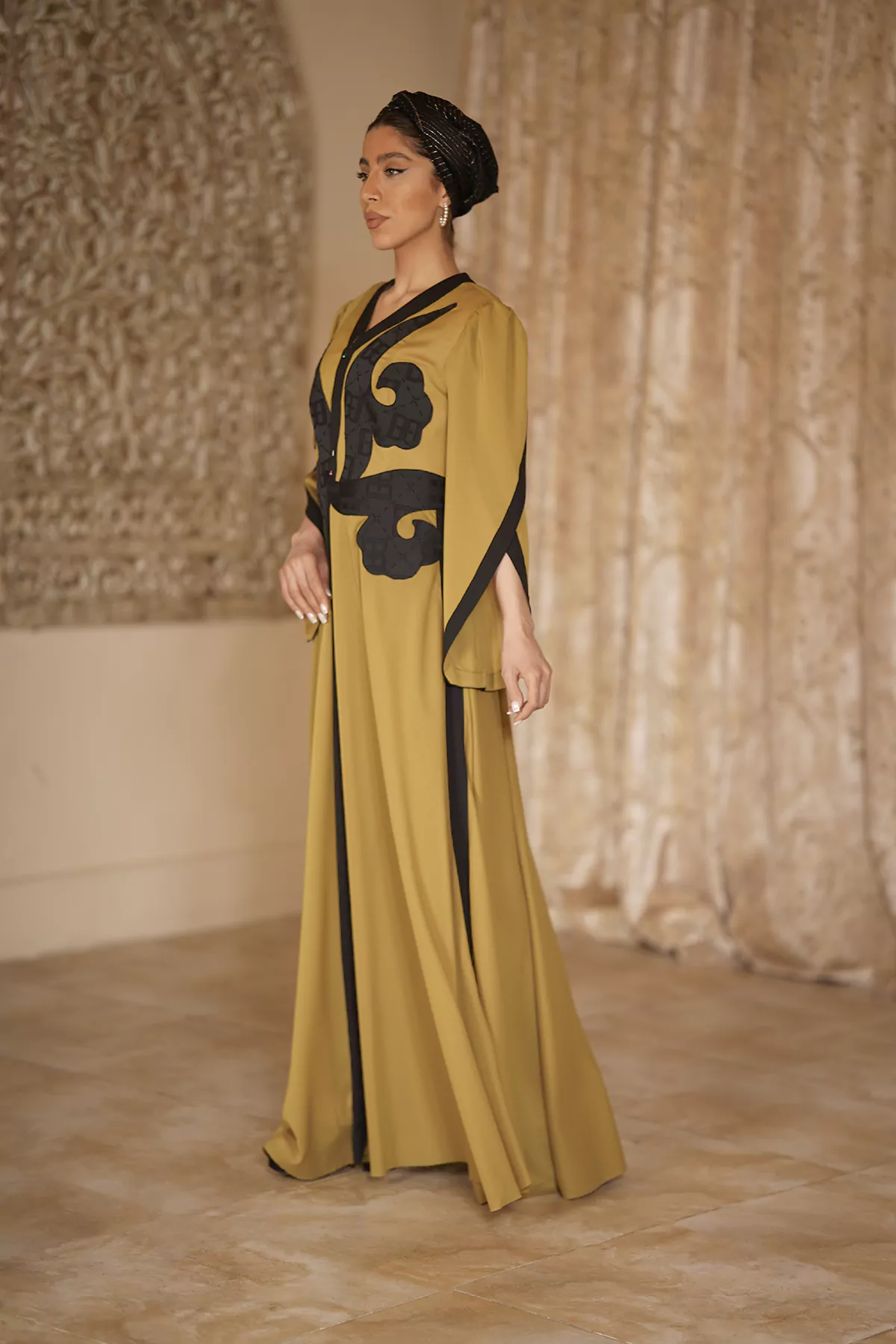 Ocher Long Abaya with Black Appliqués - Image 2