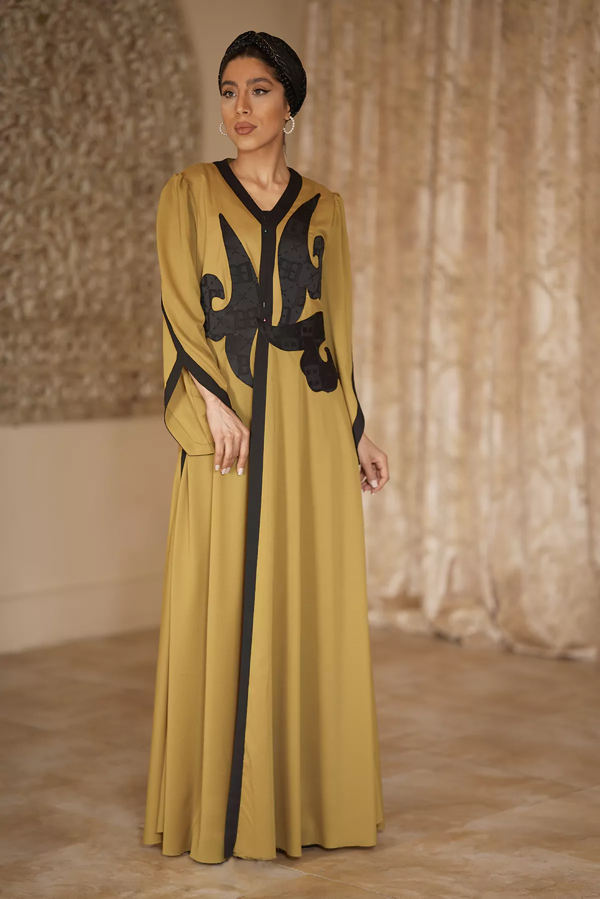 Ocher Long Abaya with Black Appliqués