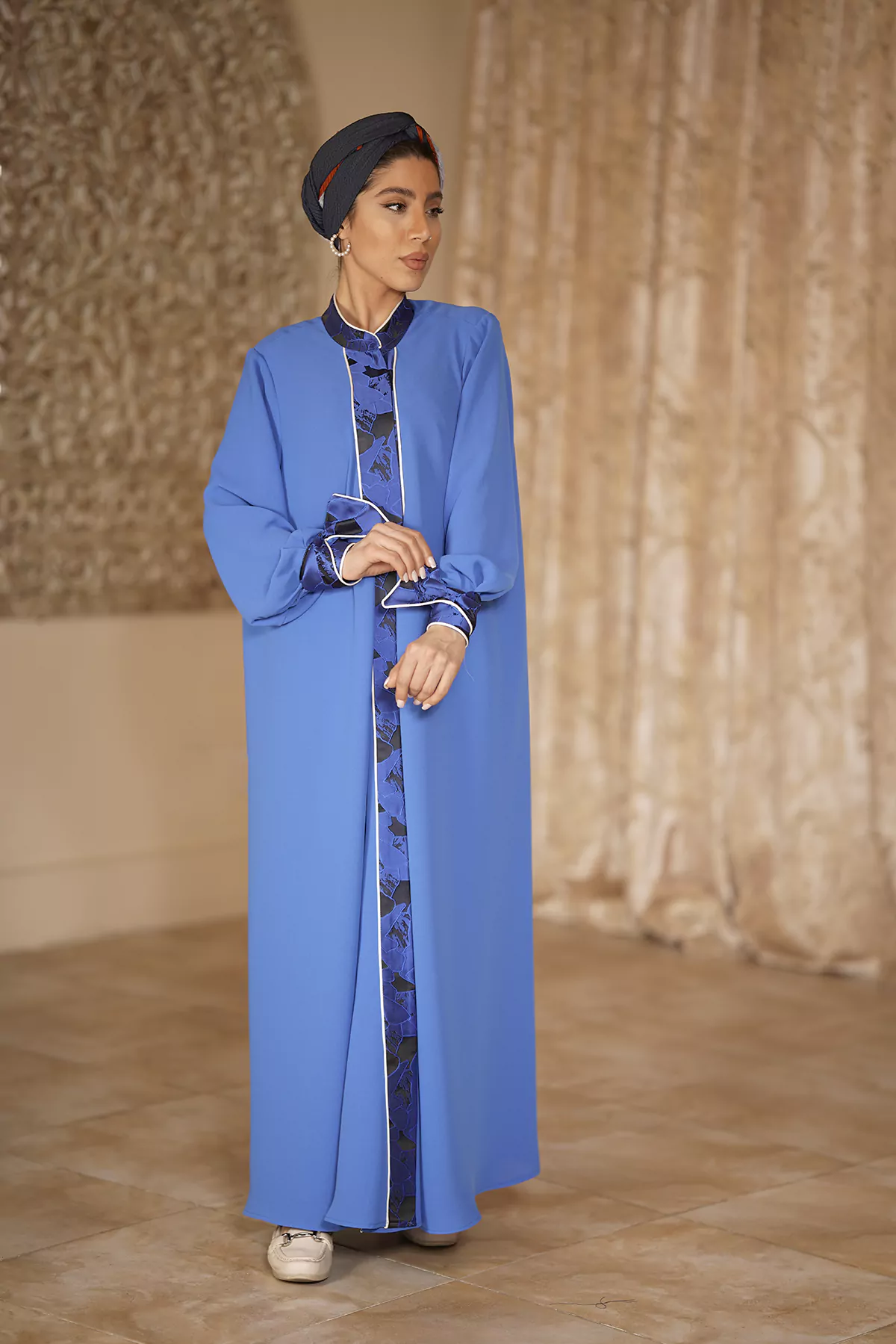 Blue Abaya with patterned hem and bishop sleeves