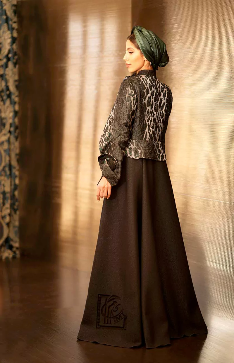 Black Abaya with Leopard Jacquard Top - Image 7