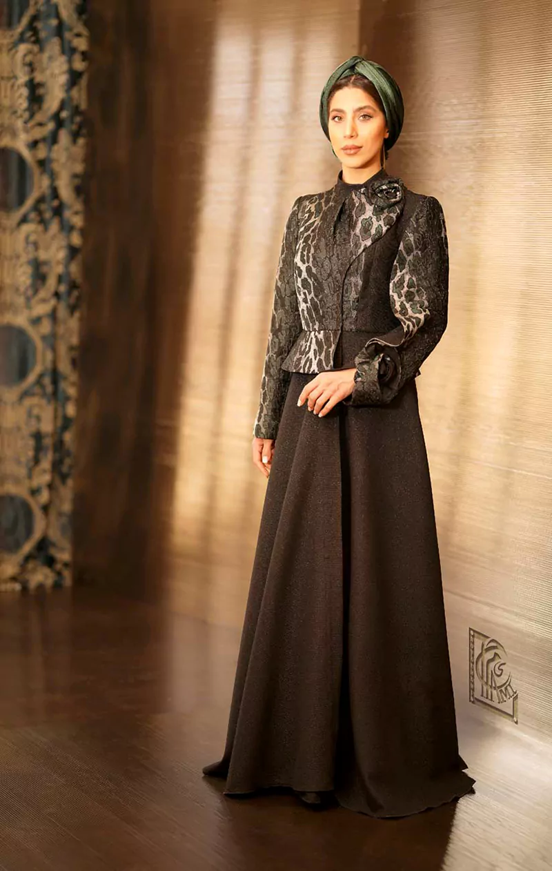 Black Abaya with Leopard Jacquard Top - Image 2