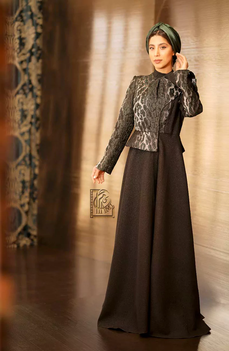 Black Abaya with Leopard Jacquard Top