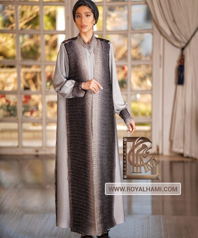 Satin Abaya with Gray Pleated Silk Robe